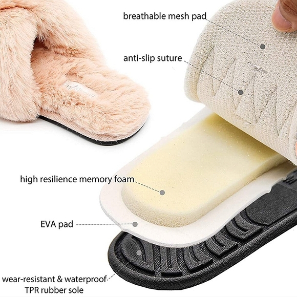 Tan/Peachy Fluffy Cross Band Slippers - Picture 7 of 7